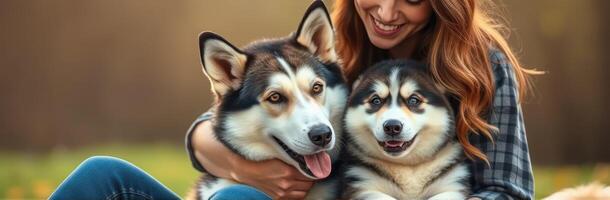 Woman enjoys playtime with two happy huskies in a lush park during golden hour photo