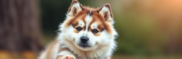 Playful husky pup enjoying a sunny day in a park surrounded by nature and greenery photo