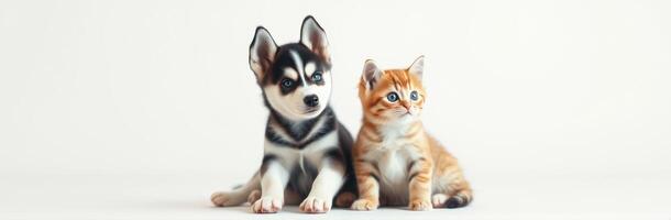 Cute puppy and kitten sitting together against a soft background in a cozy indoor setting photo