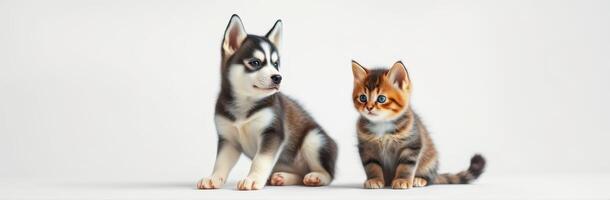 Playful husky puppy and curious kitten sitting together in a bright and clean indoor setting photo