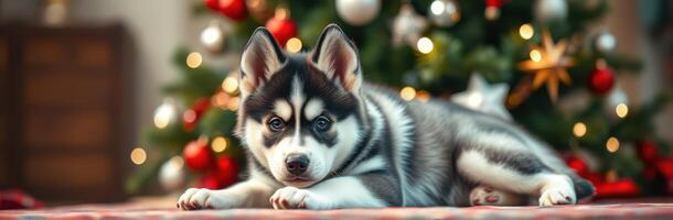 Cute husky puppy relaxing in front of a decorated Christmas tree with colorful ornaments and lights photo