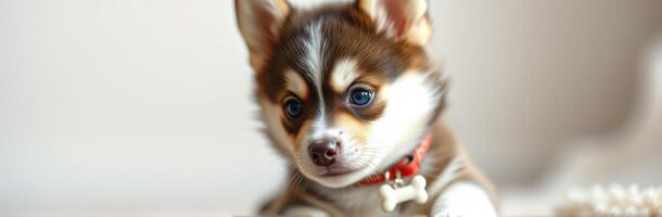 Cute puppy with striking fur pattern explores a cozy indoor space during the afternoon photo