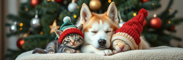 Adorable pets in holiday hats relax together in front of a decorated Christmas tree photo