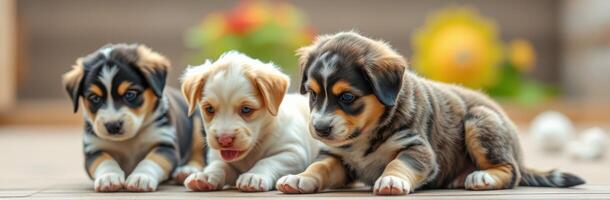 Three adorable puppies playfully resting together in a sunny garden setting surrounded by colorful flowers photo