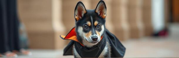 Cute dog in a cape poses for a Halloween-themed photo at a festive outdoor event