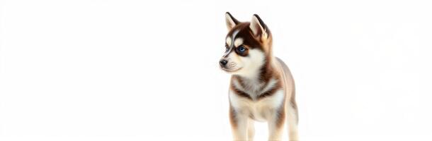 Cute husky puppy standing on a white background looking curiously around during a playful moment photo