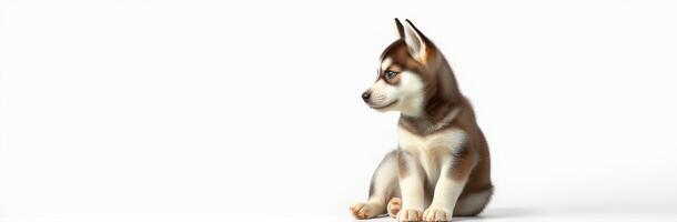 Cute husky puppy sitting calmly while looking to the side in a bright and airy setting photo
