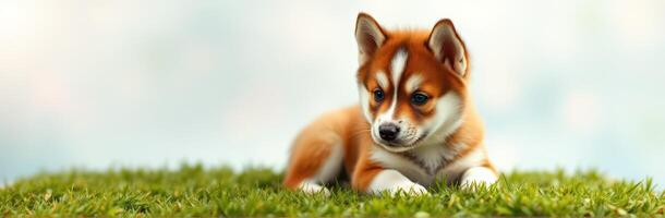 Cute puppy rests on a grassy field under a cloudy sky during a peaceful afternoon photo