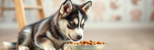 Young husky puppy eating from a silver bowl in a cozy indoor setting during the morning photo