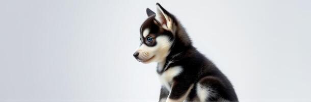 Playful husky puppy sits attentively against a plain background, showcasing curious expression and fluffy coat photo