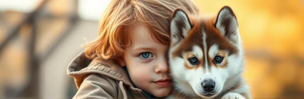 Child embraces husky puppy in warm autumn setting with vibrant background colors photo