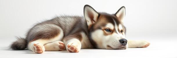 Siberian husky puppy lying down on a light background in an indoor setting while looking relaxed and calm photo