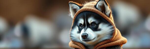 Cute dog in a brown hoodie standing outdoors with a blurred background of nature and soft lighting photo