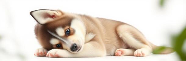 Playful puppy resting quietly in a serene indoor setting surrounded by soft light photo