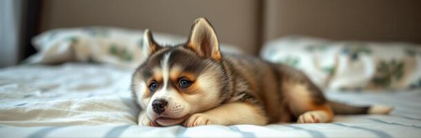 Cute puppy resting on a cozy bed during a sunny afternoon in a warm and inviting home environment photo