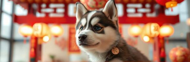 Cute husky puppy sits calmly in a vibrant red decorative space during festive celebrations photo
