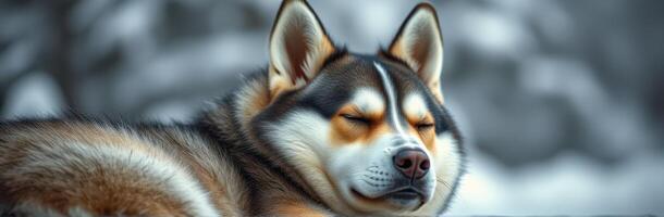 Relaxing husky resting peacefully in a snowy landscape during a cold winter morning photo