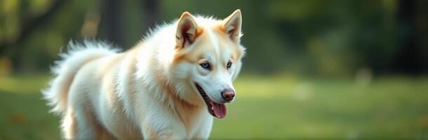 Fluffy white dog running joyfully in a green park on a sunny day with vibrant nature around photo