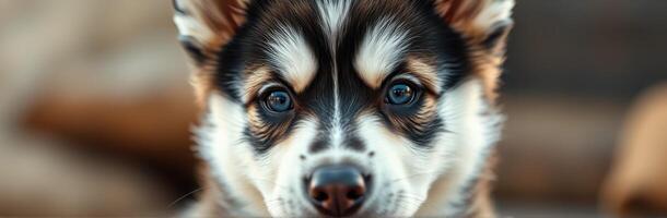 Cute puppy with striking coat and expressive eyes sitting indoors in soft lighting during a calm afternoon photo