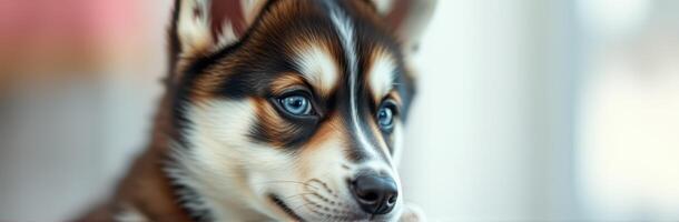 Cute husky puppy with striking blue eyes sitting indoors in a cozy atmosphere during the day photo