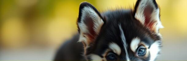 Cute puppy exploring its surroundings on a sunny day with a blurred green background photo