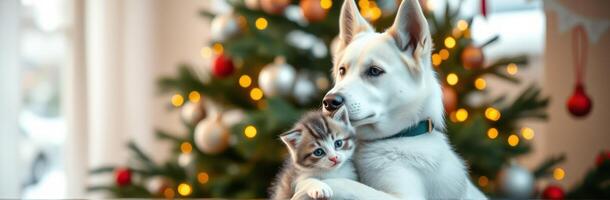 Adorable kitten and dog cuddling together in front of a beautifully decorated Christmas tree photo