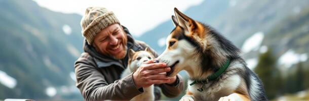 Happy man interacts with two dogs in a mountainous outdoor setting during a sunny day photo