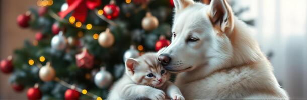 Cute dog and kitten snuggling together near a decorated Christmas tree photo