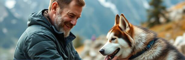 Man enjoys a joyful moment with a friendly dog in a mountainous landscape during a sunny day photo