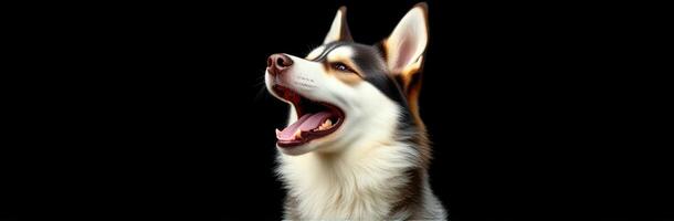 Playful dog joyfully barking with mouth wide open against a black background photo