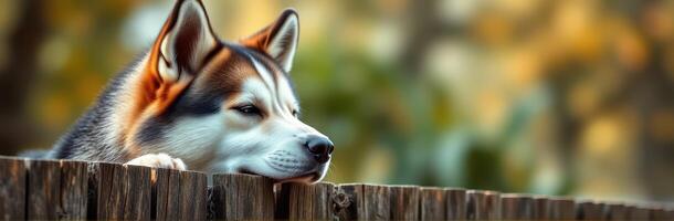 Majestic Siberian Husky relaxing on a wooden fence in a serene autumn setting photo