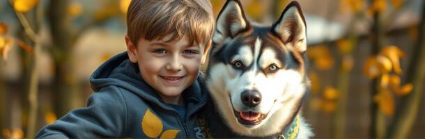 Smiling boy enjoys playful moment with his happy husky in a vibrant autumn setting photo