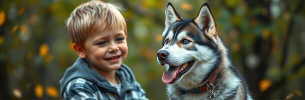 Child enjoys playful moment with friendly husky in a vibrant forest during autumn afternoon photo