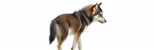 Beautiful wolf-like creature standing gracefully, showcasing its striking features and captivating fur patterns in a serene setting photo