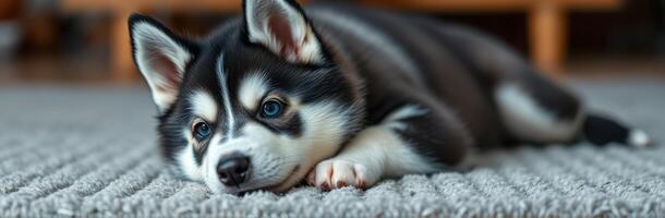 Playful puppy resting on a cozy rug in a warm living room during the afternoon photo
