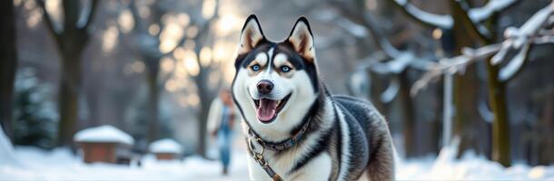 Happy husky enjoying a winter walk in a snowy park with trees and distant people engaging in outdoor activities photo