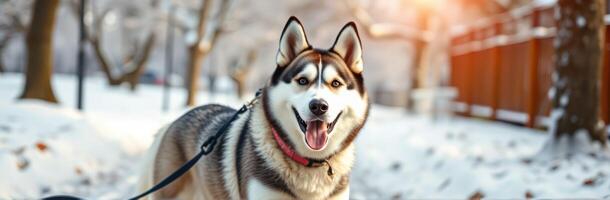 Happy husky enjoys a snowy walk in the park during a bright winter day with sunlight filtering through the trees photo