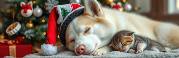 Cozy winter setting with a sleeping dog and kitten near a decorated Christmas tree photo