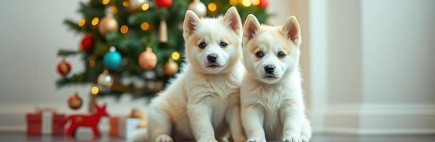 Cute puppies sitting together in front of a decorated Christmas tree during the holiday season photo