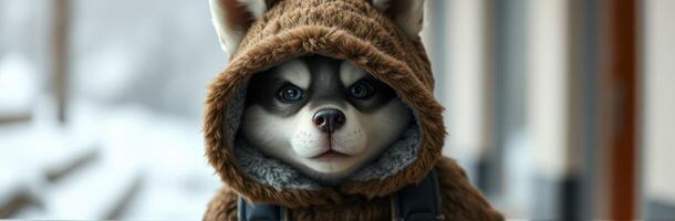 Cute dog wearing a brown hoodie with a serious expression in a cozy indoor setting during winter photo