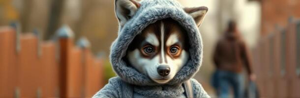 A small dog in a grey hoodie walks on a path surrounded by trees in a tranquil outdoor setting during the afternoon photo