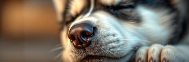 Cute puppy resting peacefully in a warm, cozy environment during golden hour photo