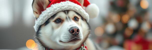 Festive dog wearing a Santa hat by a decorated Christmas tree in a cozy indoor setting photo