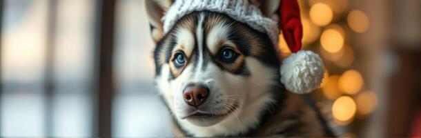 Cute husky wearing a festive hat poses by the window with twinkling holiday lights in the background photo