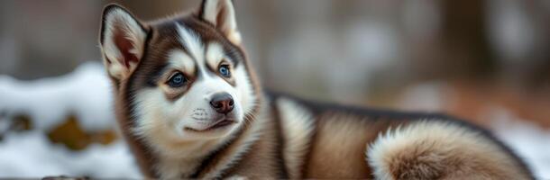 Cute husky puppy resting in the snowy forest during winter afternoon photo