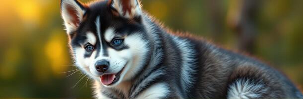 Cute husky puppy enjoying a sunny day outdoors with a soft background and warm lighting in the late afternoon photo