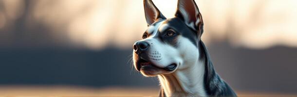 Beautiful dog standing proudly in a field during golden hour with sunlight shining through the trees photo