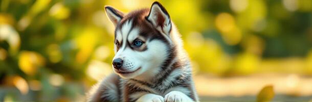Cute husky puppy resting in sunlight surrounded by vibrant greenery in a peaceful outdoor setting photo