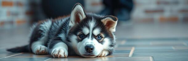 Playful husky puppy relaxing on tiled floor at home during sunny afternoon photo