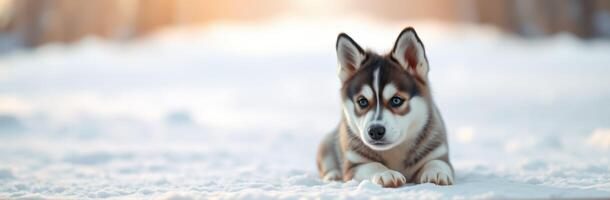Beautiful husky puppy resting on the snow during a calm winter afternoon in a serene landscape photo
